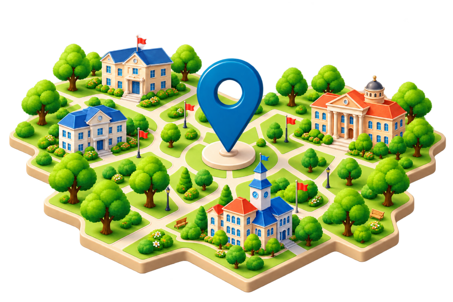 Map of a district with schools and colleges